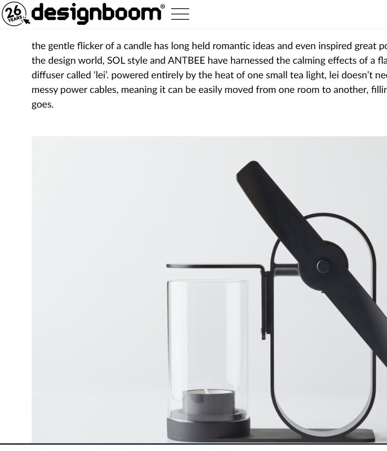 Featured on the globally recognized design media designboom, Lei’s non-electric aroma diffuser has been highlighted for its unique structure that carries fragrance using only the heat of a candle, as well as for its distinctive presence.
